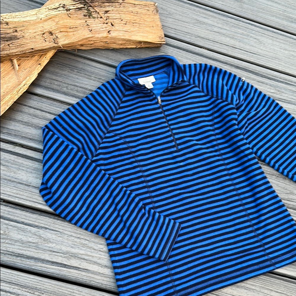 LL Bean Women’s Blue and Black Striped Fleece Quarter-Zip Pullover - Small